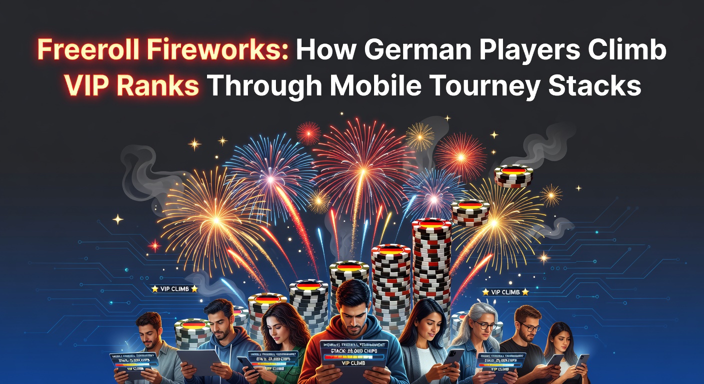 Deutsche Poker-Spieler am Smartphone bei einem mobilen Freeroll-Turnier, Stapel von Chips im Vordergrund