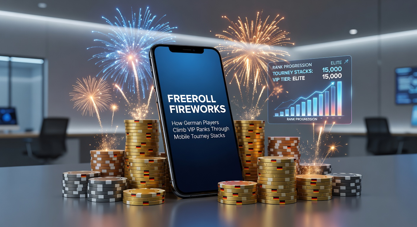 Grafik mit VIP-Leiter, mobile App-Screenshot und explodierenden Freeroll-Chips, symbolisiert Aufstieg