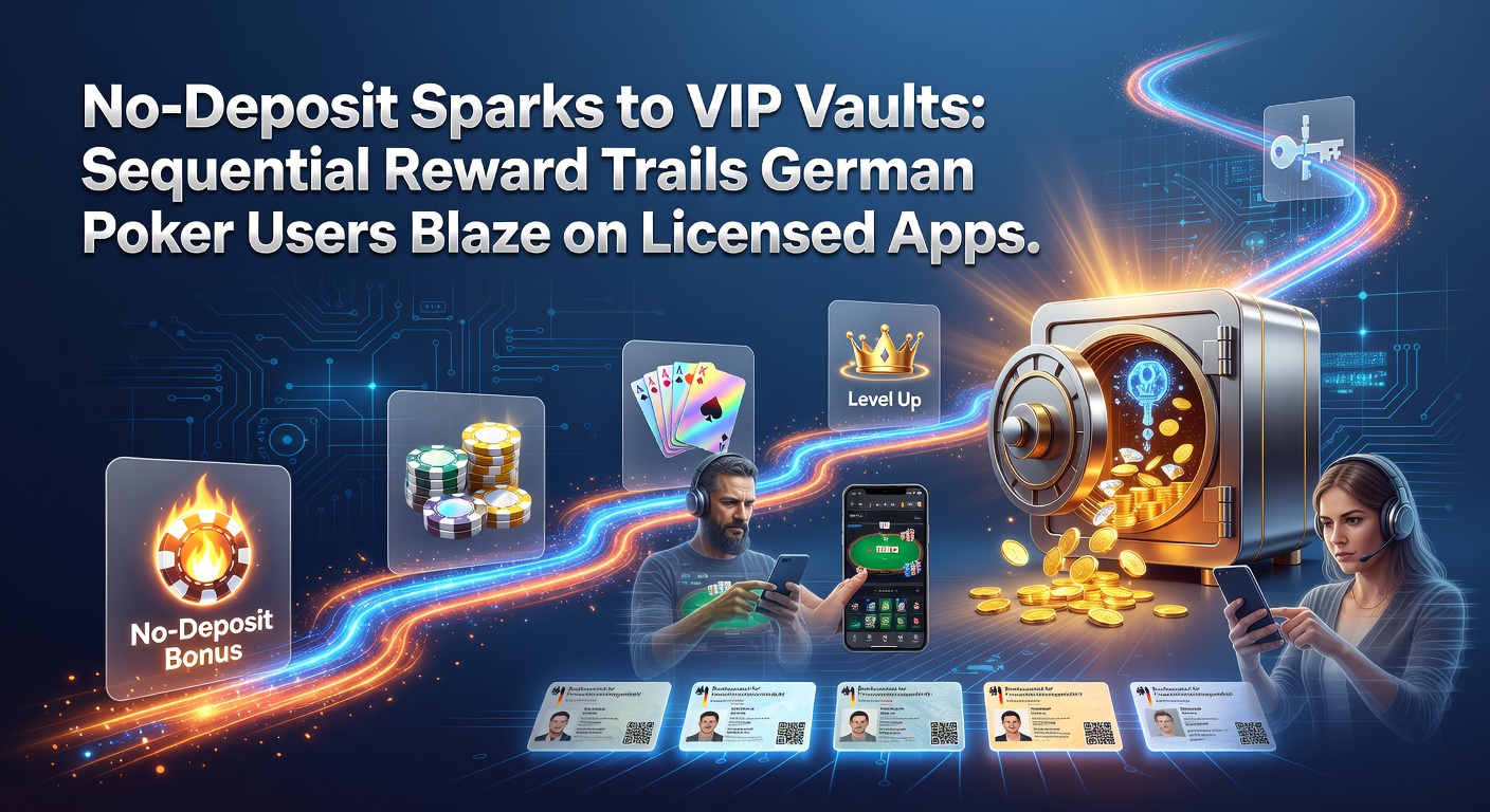 Deutscher Poker-Spieler navigiert durch ein Belohnungslevel-System auf einer lizenzierten Mobile-App, beginnend bei No-Deposit-Boni bis hin zu VIP-Vorteilen