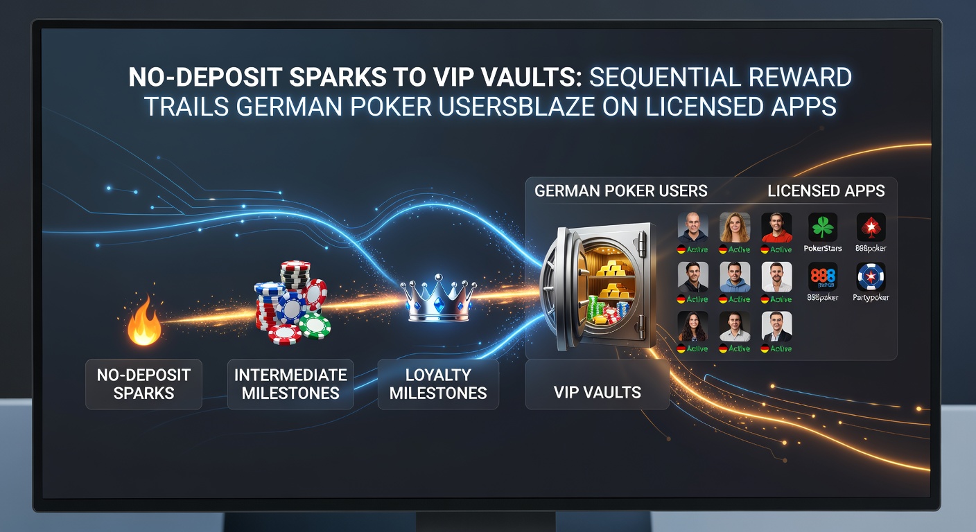 Grafik eines VIP-Belohnungspfads auf einer Poker-App, der von No-Deposit-Levels zu exklusiven Tresoren mit hohen Stakes führt