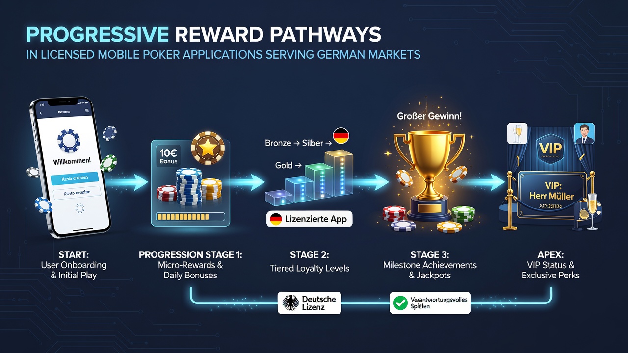 Illustration kumulierter Vorteilswege von Freerolls bis VIP-Rängen in Poker-Apps