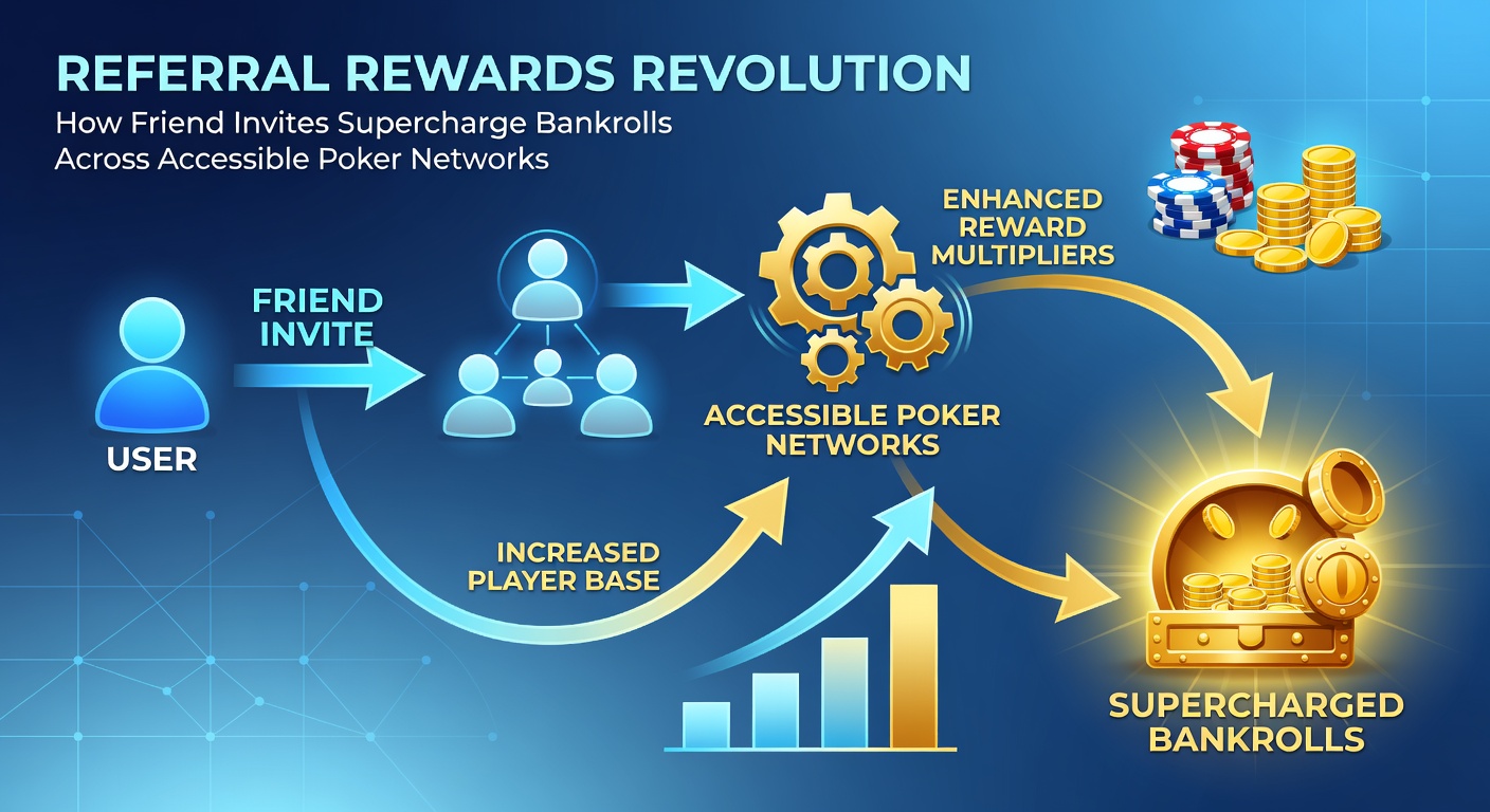 Grafik zeigt explodierende Bankroll-Kurven durch Referral-Ketten in Poker-Apps, mit Icons von Freunden und Chips