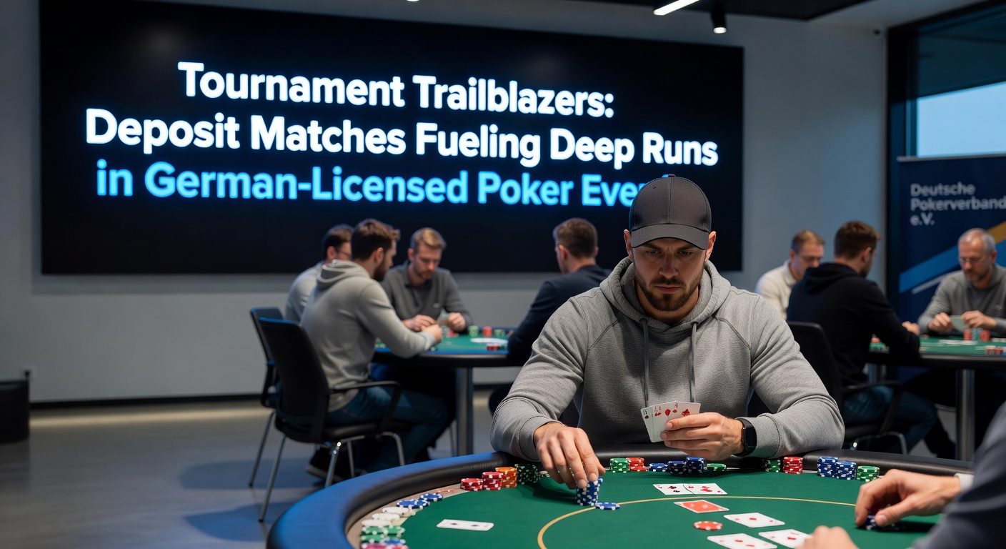Spieler am Laptop in einem intensiven Online-Poker-Turnier, Stapel von Chips auf dem Bildschirm symbolisieren tiefe Läufe dank Einzahlungsboni