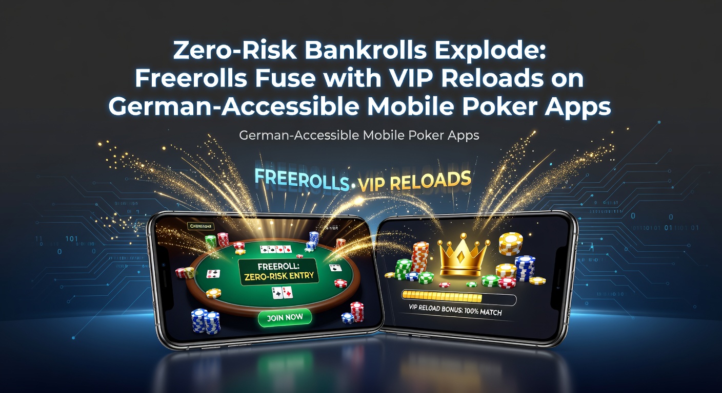 Mobile Poker App mit Freeroll-Turnier und VIP-Reload-Angebot auf Smartphone-Bildschirm, das risikofreies Bankroll-Wachstum zeigt