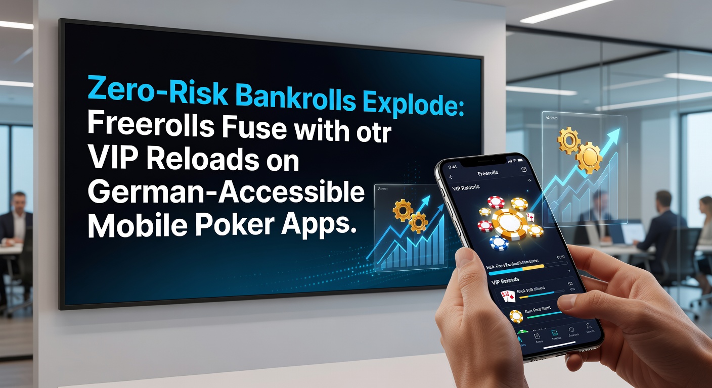 Grafik zeigt Bankroll-Wachstumskurve durch Freeroll-Gewinne und VIP-Reload-Boni in einer Poker-App, mit deutschen Flaggen-Elementen